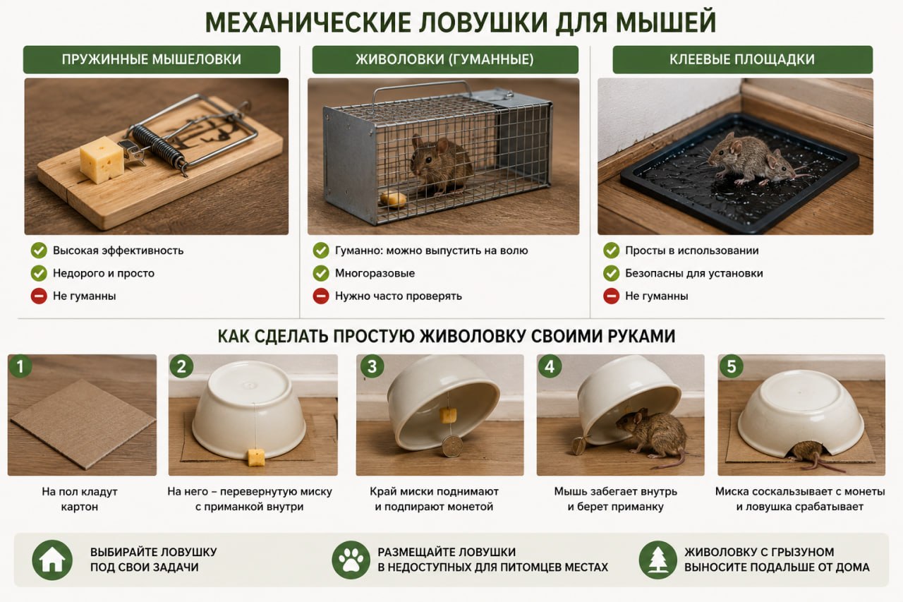 Механические ловушки: мышеловки, живоловки и клеевые площадки